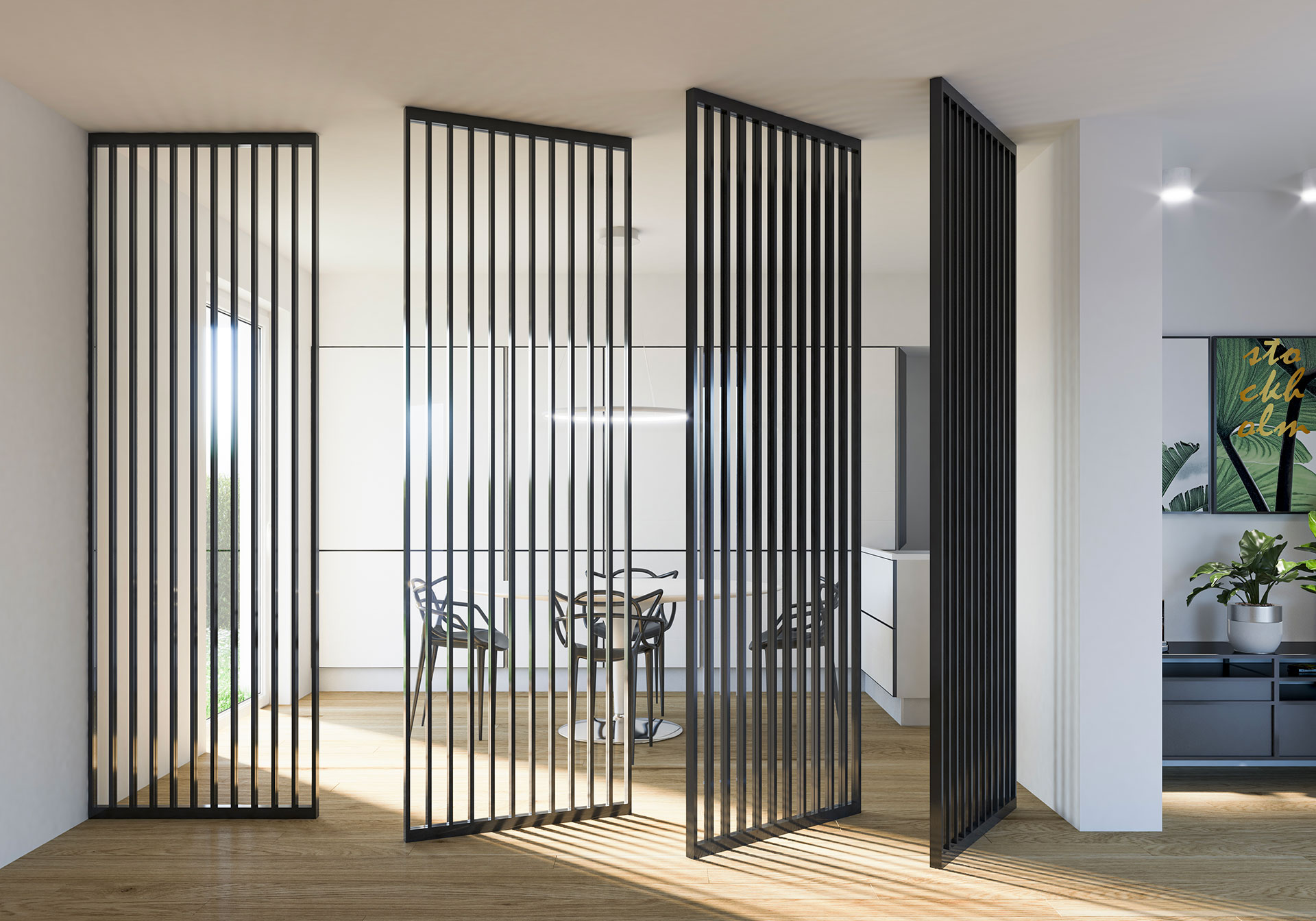 Porte sistema bilico vetro alluminio industrial maxi Ambiente diviso da 4 porte sistema bilico le ante Industrial Maxi caratterizzate da profili verticali complanari al profilo perimetrale dell’anta di colore nero e vetro trasparente creano un gioco di luci ed ombre suggestivo