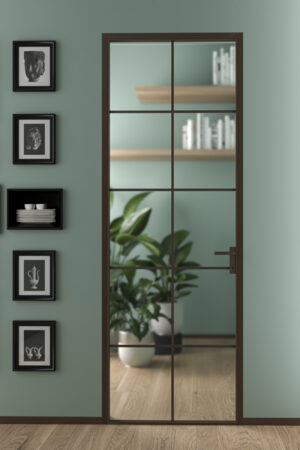 Porta battente anta singola telaio minimale industrial 4-1 Porta battente anta singola telaio minimale-industrial.Vetro bronzo trasparente,alluminio testa di moro.Design moderno ed elegante