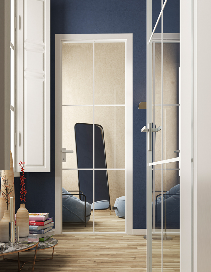 Porta battente telaio modular industrial 2-1 Porta battente con telaio in alluminio Modular e anta industrial con vetro trasparente,alluminio bianco. Design moderno ed elegante
