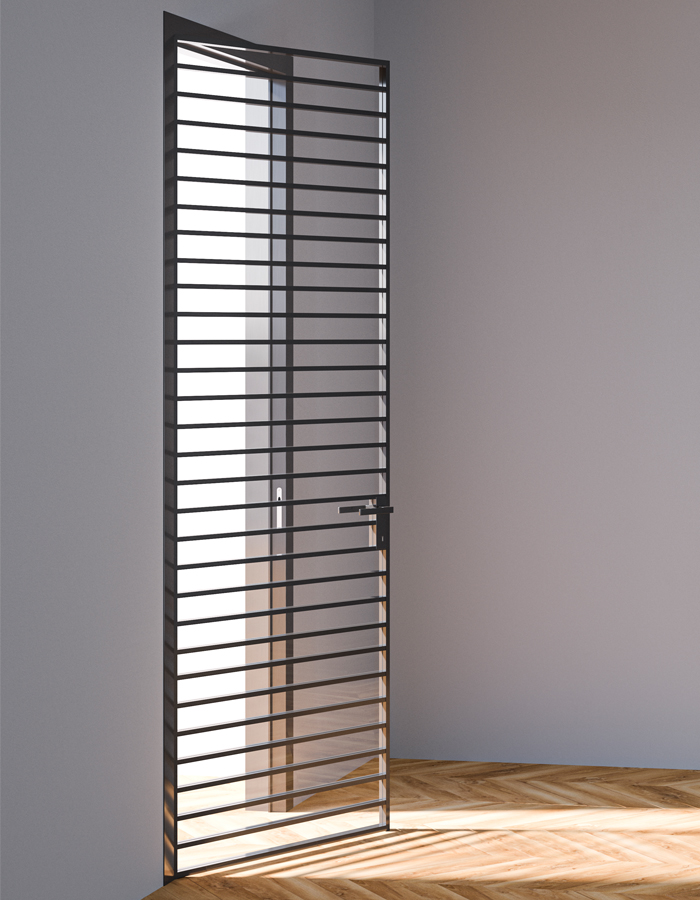 Porta battente telaio Modular anta Maxi Porta battente con telaio in alluminio Modular anta Maxi in vetro trasparente con inserti orizzontali e bordo anta in alluminio nero.