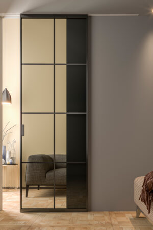 Porta scorrevole esterno parete anta singola industrial 3-1 Porta scorrevole anta singola industrial binario a soffitto.Vetro bronzo trasparente,alluminio testa di moro.Design moderno ed elegante