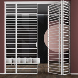 porta pieghevole a libro vetro alluminio industrial maxi Porta pieghevole 4 ante Industrial Maxi caratterizzate da profili orizzontali complanari al bordo dell’anta bianco e vetro trasparente