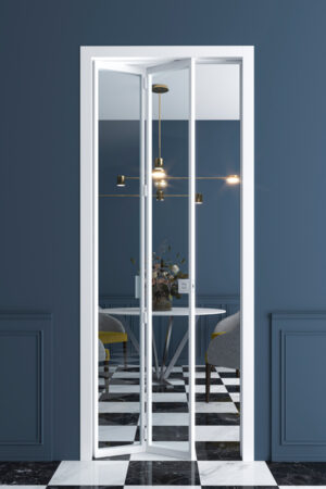 Porta pieghevole Luman: Elegante divisione degli spazi con vetro trasparente e bordo alluminio bianco.