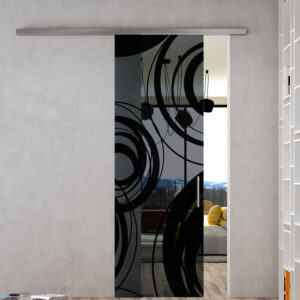Porta scorrevole esterno parete in vetro Glassmode Porta scorrevole Glassmode Infinity: Design moderno con anta in vetro grigio trasparente e decori neri.