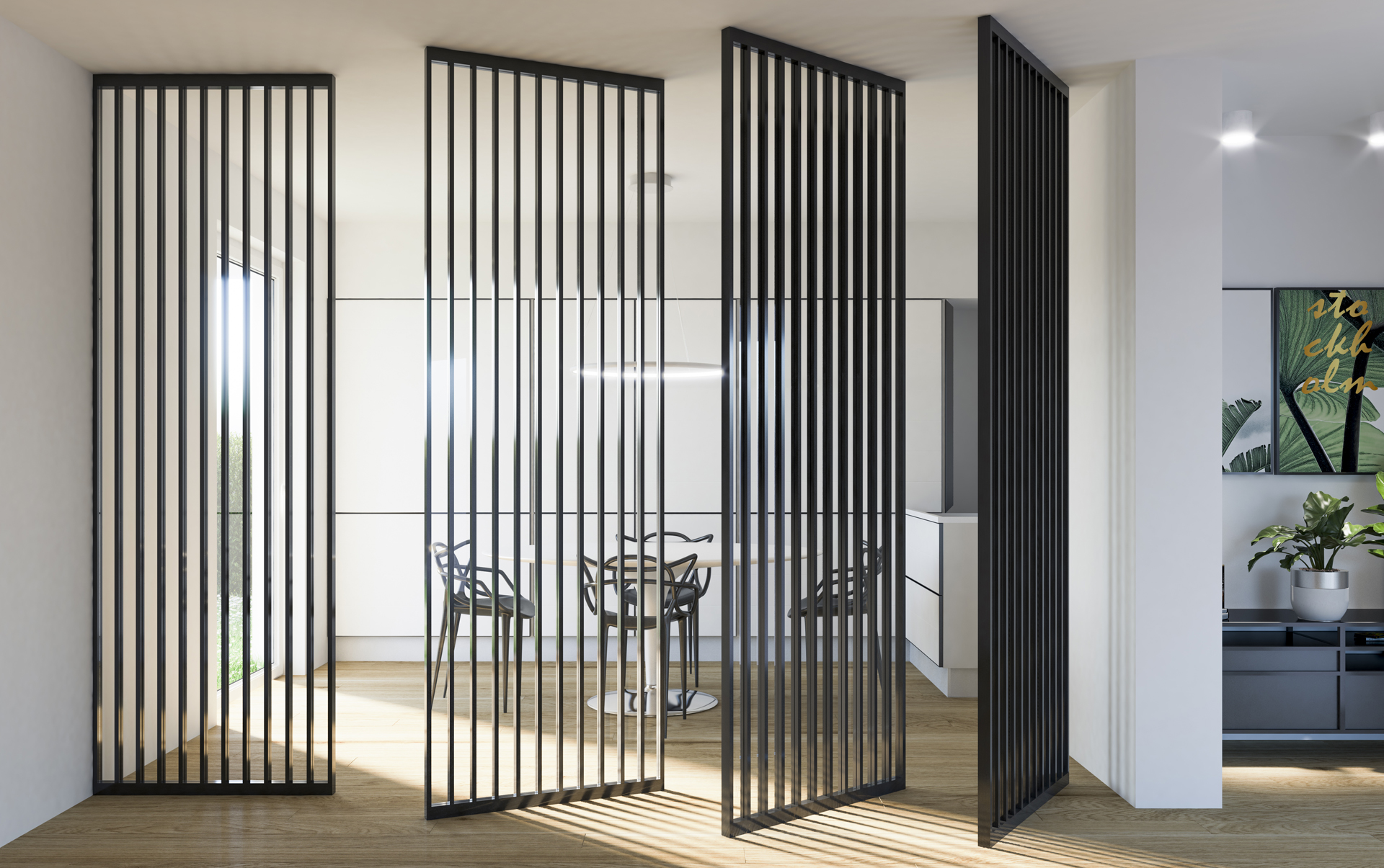 Porta in vetro e alluminio Industrial Maxi apertura con cerniere a bilico Ambiente diviso da 4 porte sistema bilico con ante di colore nero e vetro trasparente Industrial Maxi:design moderno e gioco di luci e ombre.